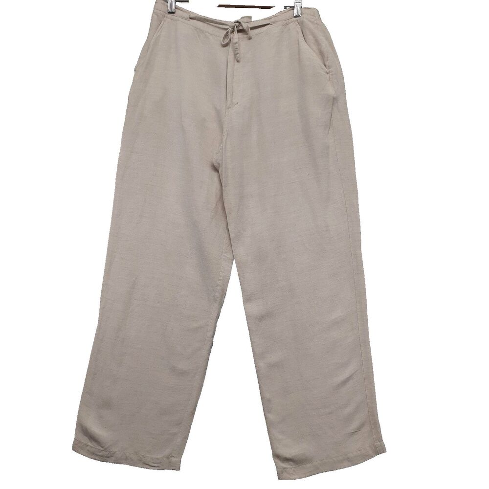 Alfani Womens Size L Neutral Beige Linen Blend Pants Drawstring Waist Pockets